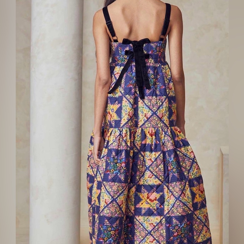 HUNTER BELL Navy Floral Patchwork Maxi Dress with Black Ties - Picture 3 of 7